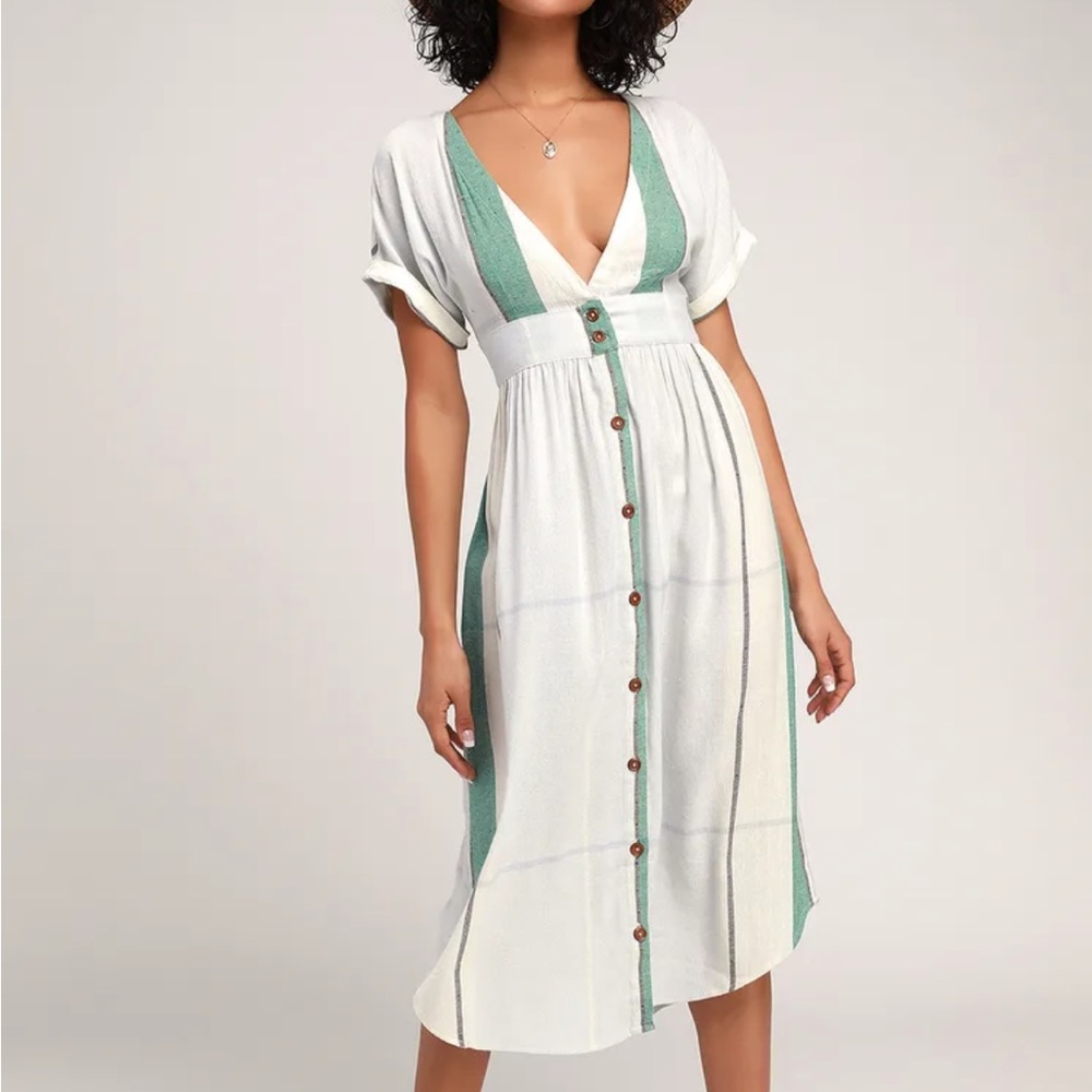 Reid Light Blue Multi Stripe Button-Up lulus’s Midi Dress